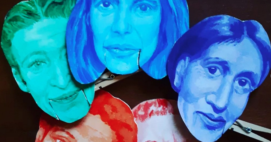 spalvoti piešti veidai, dominuoja ryškiai mėlyni atspalviai